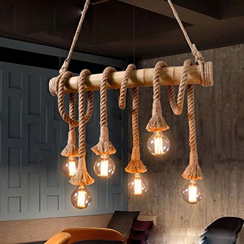 Preisvergleich Produktbild Amerikanischen Retro Hanfseil Bauholz Bambus Metall Hängeleuchte 6x40WxE27 Decke Dekorative Kronleuchter für Esszimmer Kaffee Bar Kleidung [Energieklasse A + +]