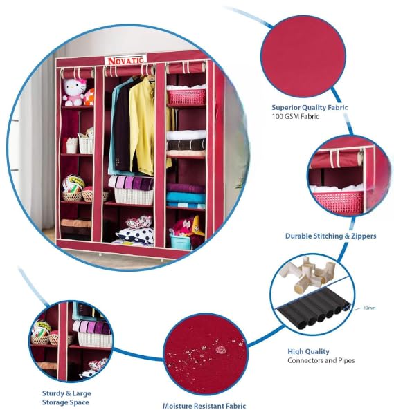 Image of Novatic 3-Door Collapsible Wardrobe | Portable Foldable Clothes Closet with 1 Hanging Space & 10 Storage Shelves | Non-Woven Fabric 100 GSM with Metal Rod Frame | 137 x 44.5 x 165 cm | Maroon