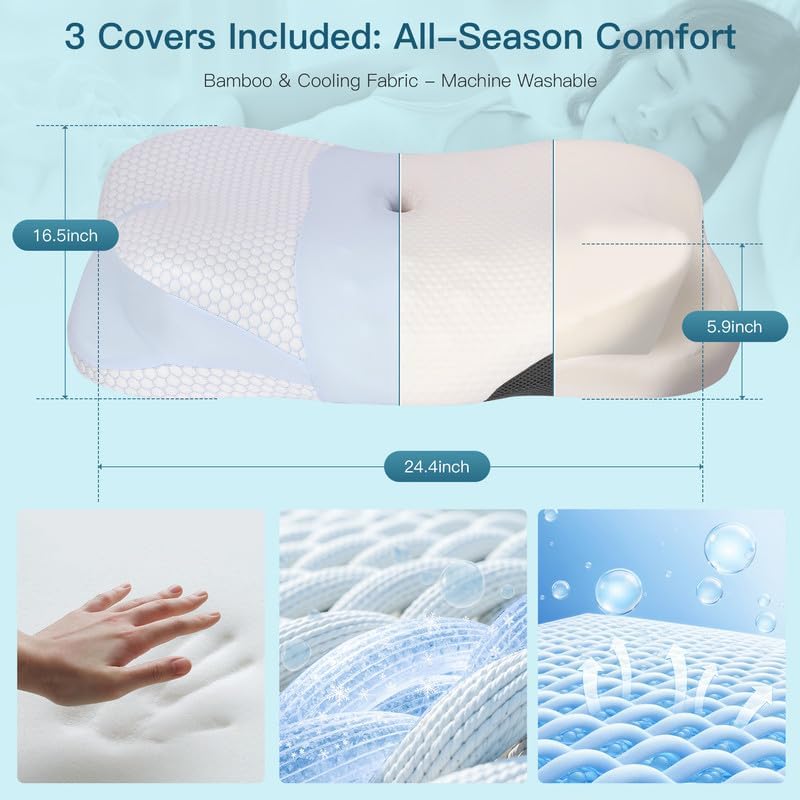 Cervical Neck Pillow for Pillows and Shoulder for Pain Relief Ergonomic Contour Pillow for Side Back Stomach Sleepers, Orthopedic Neck Support Pillow for Sleeping with Cooling and Daily Pillowcases - Image 5