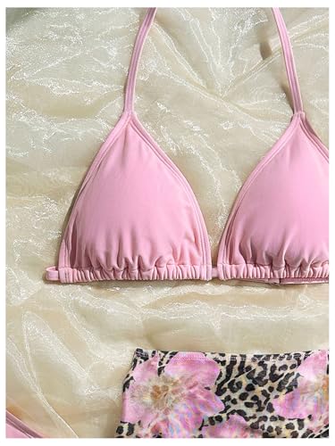 Girl's 3 Piece Leopard Floral Bathing Suit Halter Triangle Swimsuit with Mesh Cover Up Skirt3