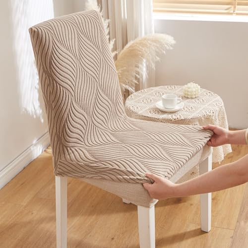 Image of HOMETHREADS Elastic Jacquard Chair Cover - Stretchable, Removable & Washable Short Dining Chair Slipcover | Durable Seat Protector for Kitchen, Dining Room & Banquet Chairs (Beige, Pack of 1)