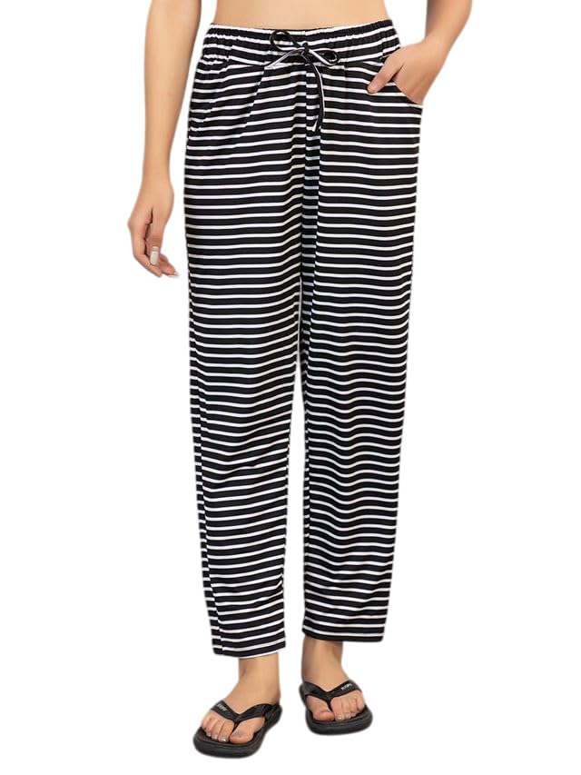 probasic Women's Regular Fit Cotton Striped Pyjama with Elegant Design | Super Soft & Comfortable Lower/Lounge Pant | Ideal for Casual Outings, Travelling, Regular Use(Black)-picture-45