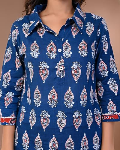 Image of KANNAHI Women Pure Cotton Blue and Rust Ethnic Motif Ajrakh Handblock Printed Kurta Set