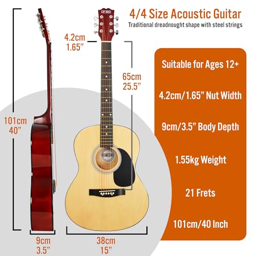 Image of 3rd Avenue Full Size 4 /4 Acoustic Guitar Steel String Pack Bundle for Beginners - Bag, Picks and Spare Strings - Natural