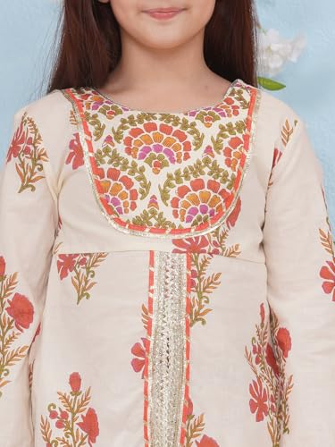 Image of Preneum Girls's Cotton Rayon Gota Pati Multi Floral Printed Angrakha Kurta with Sharara & Dupatta