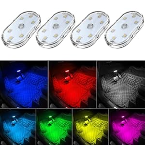 4 luces LED inalámbricas para el interior del automóvil, luces interiores de 7 colores con 6 cuentas de lámpara LED brillantes, luz nocturna LED portátil recargable por USB para decoración de
