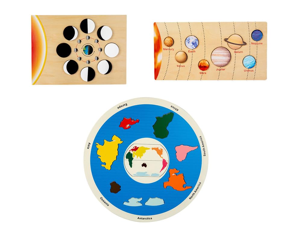 Drewniane puzzle Montessori Układ Słoneczny i Geografia, Gra dopasowująca planety, fazy Księżyca i kontynenty