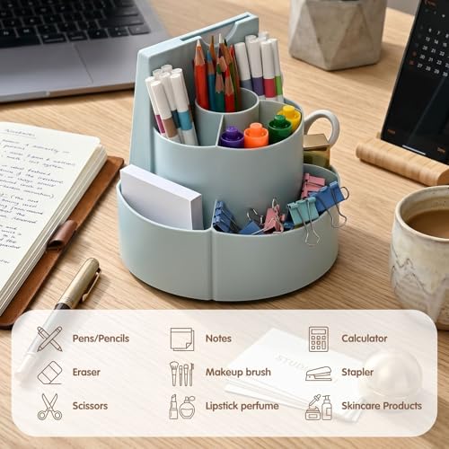 Organiseur de bureau rotatif bleu avec planning et 5 compartiments