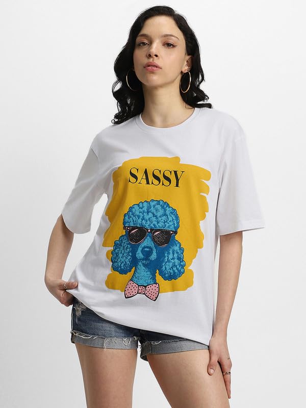 Image of JUNEBERRY Pure Cotton Oversized Fit Drop Shoulder Stylish & Front & Back Graphic Printed Round Neck T-Shirt Combo for Women (Pack of 2)