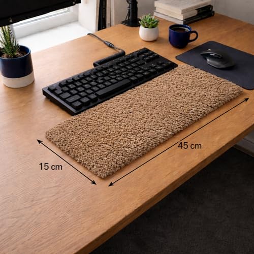 Image of Soft Plush Keyboard Carpet Wrist Rest Pad - Fluffy Ergonomic Wrist Support & Desk Nap Pillow for Computer, Laptop, Office Work & Gaming - Fuzzy Shag Desk Rug Cushion (45 x 15 cm) - Beige