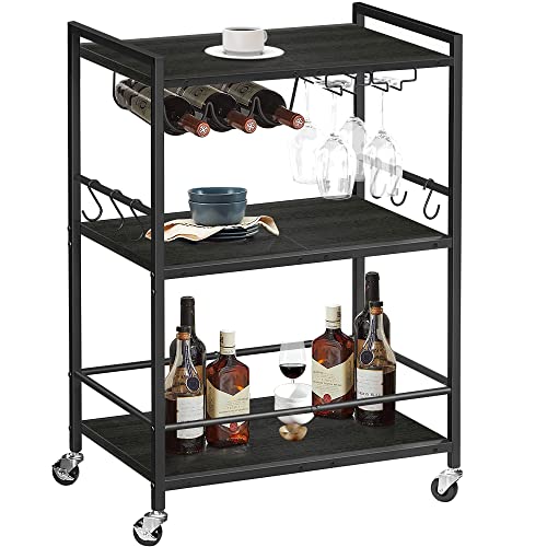 TUTOTAK Bar Cart, Serving Cart for Home, Microwave Cart, Drink Cart, Mobile Kitchen Shelf with Wine Rack and Glass Holder, Rolling Beverage Cart BC01BK030