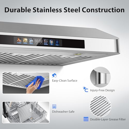 Image of Tieasy 36 Inch Under Cabinet Range Hood, 900 CFM Kitchen Vent Hood with 4-Speed Dual Motor Stove Hood, Smart WiFi Voice /Gesture /Remote /Touch Controls, Memory Function, Baffle Filters, Color Display