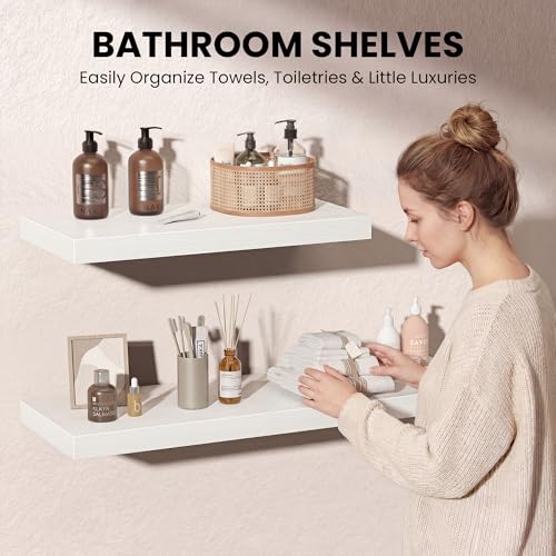 Image of Fun Memories 10 inch Deep Floating Shelves with Invisible Brackets, 20 inch Wall Shelves for Bathroom Bedroom Living Room, Modern Rustic Shelves for Home Decor, 20 inch W x 10 inch D x 1.5 inch H, Set of 3, White