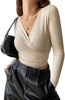 SOFIA'S CHOICE Women's Deep V Neck Long Sleeve Cross Wrap Shirt Crop Top