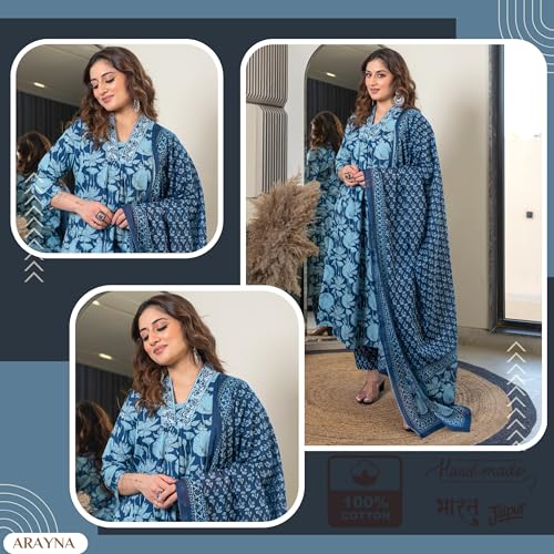 Image of Arayna Women's Pure Cotton Block Printed Ethnic Wear Kurta Set with Palazzo & Dupatta