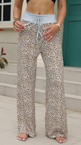 Image of AMiERY Women's Comfy Casual Pajama Pants Floral Print Drawstring Palazzo Lounge Pants Wide Leg