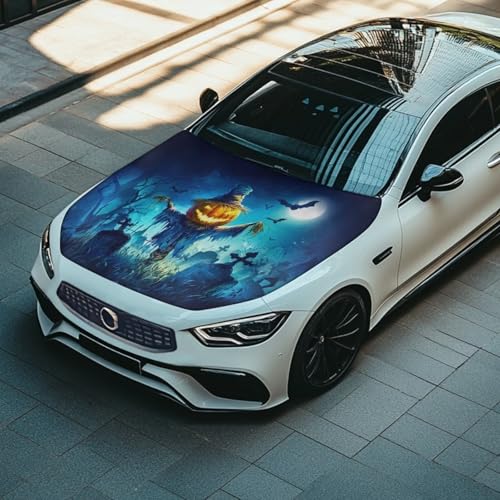 Image of Pumpkin Head Scarecrow Print Car Hood Cover Waterproof Car Hood Protector Stretchable Halloween Automotive Outdoor Decorations for Compact Sedans SUV Trucks (59x39 Inch)