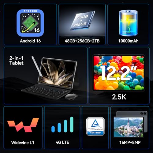 TABWEE T60 12 Zoll Tablet mit Tastatur - Android 16, 48 GB RAM+256 GB ROM, 10000 mAh, 16 MP+8 MP, 1600*2400 QHD+, Widevine L1, TÜV Rheinland, Gemini AI 3.1 Pro, GPS, Tablet 4G LTE (4 Jahre Garantie) 2