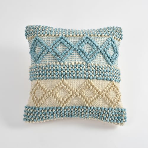 Image of TIB Premium Boho Decorative Throw Cushion Covers, 16 x 16 cm, Set of 2, Cotton. (Blue & White Diamonds)