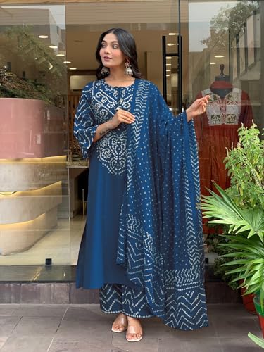 Image of GoSriKi Kurta Sets for Women Rayon Viscose Bandhani Printed | Kurti Set for Woman | Kurta Pant Dupatta Set | Straight Kurti | Round Neck 3 /4 Sleeve Suit Set for Women Stylish Ethnic Outfit
