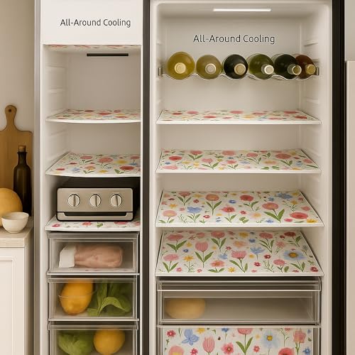 Image of Side-by-Side Door Fridge Shelf Liners Set: Mats for Refrigerator and Freezer Sections -Machine Washable Liners for Glass Shelves, Drawers, and Trays Refrigerator Accessories, Pack of 22(Spring Floral)