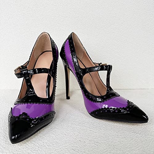 Frankie Hsu Sexy Classic Unisex Stiletto High Heeled Pumps, Black Lace Purple Patent Fashion Style, Big Large US4-14 Size Dressy Spike Shoes for Women Men4