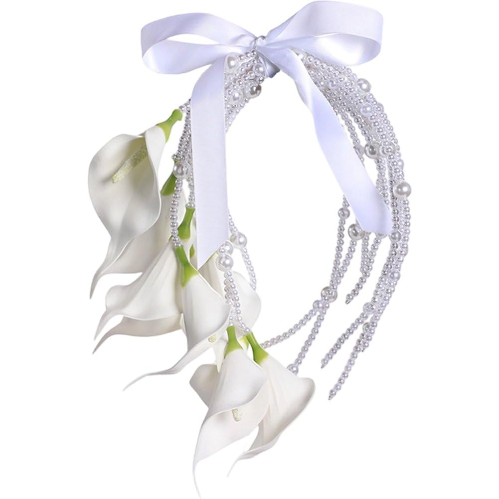 Ppmter White Bridal Bouquet, Wedding Bouquets Artificial Calla Lily Pearl Flower Bridal Bouquet For Home Wedding Party Decor Props