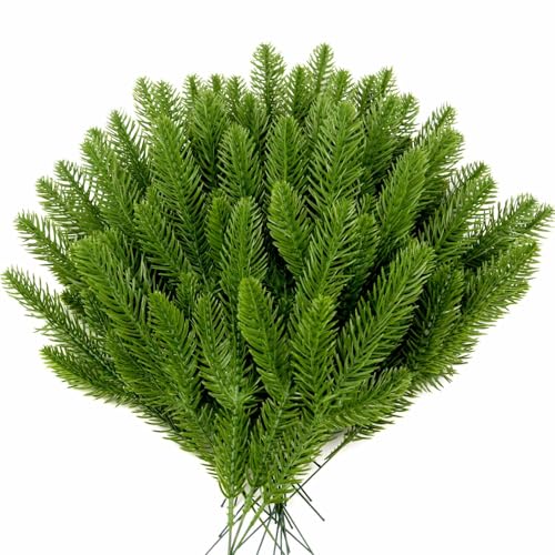 100 Pcs Artificial Pine Branches, Christmas Tree Filler Green Plants, Faux Needle Stems for Garland...