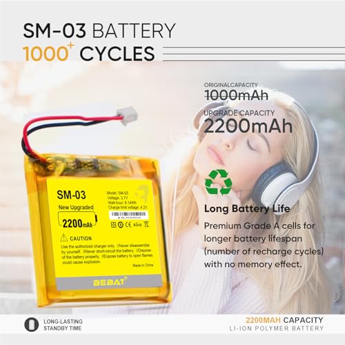 Image of 2200mAh SM-03 Replacement Battery for Sony WH-1000XM3 /WH-1000XM4 /WH-XB900N /WH-H910N /WH-CH710N Bluetooth Wireless Noise canceling Stereo Headset SM-03 SP 624038