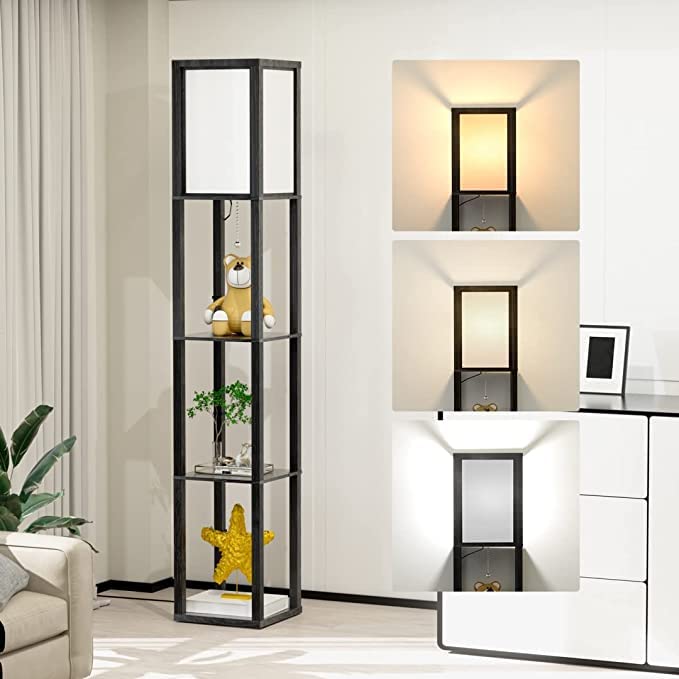 1,6m LED Lampadaire en Bois, Lampe de Plancher avec 3 Étagère, 3 Températures de Couleur Lampe sur Pied Décoration Lampe de Chevet pour Salon Chambre à Coucher Bureau (Incluse 3000K-5000K E27 Ampoule)