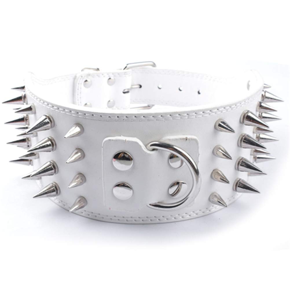 DOILNXH 3 inch Wide 11 Colors Spiked Studded PU Leather Large Dog Collars for Pit Bull White XL