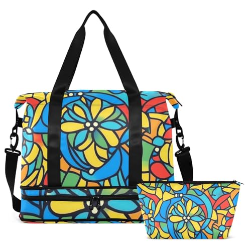 Mandala Stained Glass Blue Travel Bag Weekender Travel Overnight Bag with Adjustable Strap for Airplane Traveling Large Capacity2