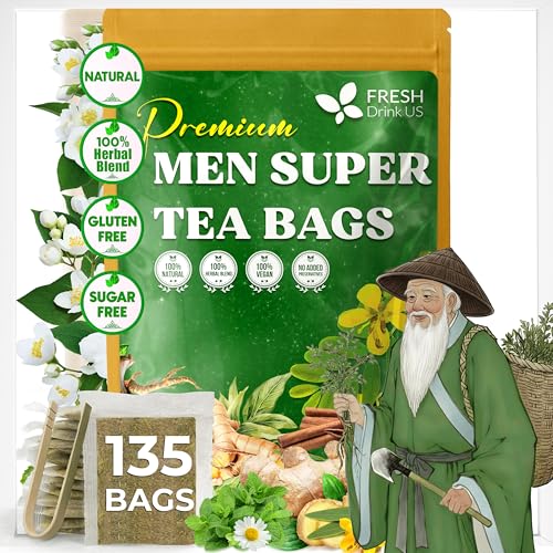 Image of FreshDrinkUS, Premium 135 Tea Bags Men Super Tea - Herbal Blend with Senna, Dandelion Root, Ginger, Peppermint & More - 100% Natural, Sugar-Free. Caffeine-Free. Gluten-Free. Vegan