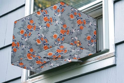Image of The Furnishing Tree Elastic fit waterproof Polyester window ac cover suitable for Croma 1.5 Ton, Dustproof cover for inner and outer section, In CM: (67.31x66.04x45.72), Floral Pattern Blue