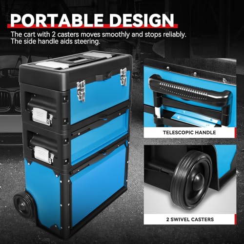Image of Auto Dynasty 3-Tier Stackable Tool Box, 19.5 Inch 3-in-1 Rolling Tool Box with Wheels, Portable Steel and Plastic Rolling Upright Trolley Toolbox Organizer for Garage Workshop, 3-Piece Set, Blue