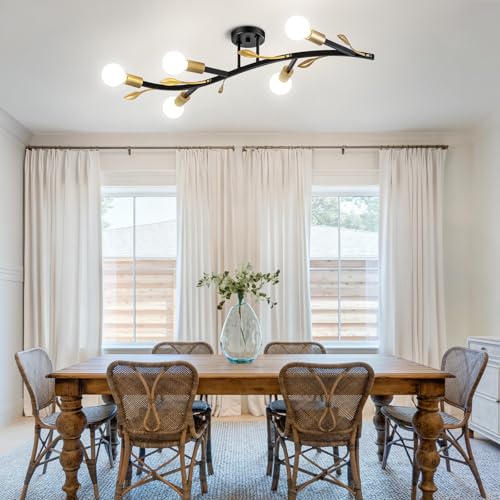 Image of Modern Sputnik Ceiling Light Fixture,5-Lights Black and Gold Sputnik Chandeliers, Industrial Metal Semi Flush Mount Ceiling Light Fixture for Bedroom Hallway Entryway Kitchen