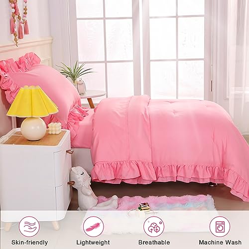 Image of Toddler Bedding Set for Girls, 4 Piece Double Ruffles Soft and Breathable Toddler Bed Sheets with Boho Toddler Comforter, Fitted Sheet, Flat Sheet and Pillowcase, Pink