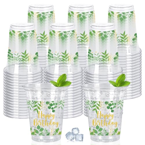 JarThenaAMCS 60 Pcs Happy Birthday Plastic Cups 12 Oz Sage Eucalyptus Disposable Cup Gold Green Leaves Clear Drinking Cups for Birthday Party Supplies