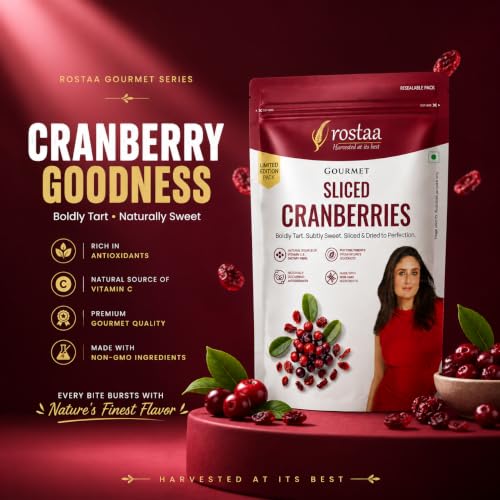 Image of Rostaa Gourmet Sliced Cranberries 200 gms | Rich in Antioxidants, Fiber & Vitamin C | Supports Immunity, Digestion & Heart Health | Premium & 100% Natural Snack (200 Gram (Pack of 1))
