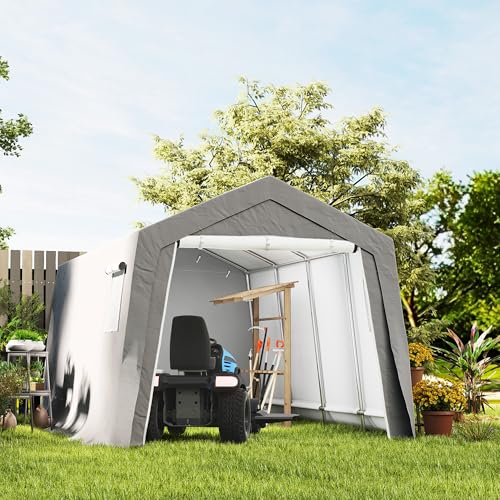 Outsunny Gerätehaus mit Satteldach wasserdicht Gerätezelt mit Türen, Fenster, Anti-Staub-Fahrradabdeckung, Foliengerätehaus Fahradgarage für Terrasse Garten, 300 x 447 x 255 cm, Hellgrau