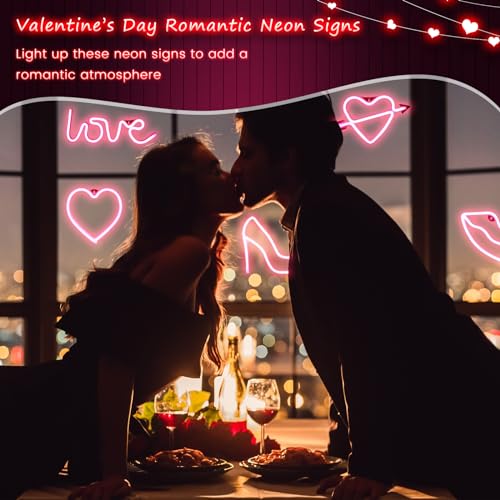Image of Baquler 6 Pcs Valentine's Day Pink Neon Sign Neon Light LED Sign USB or Battery Operated Heart Neon Sign Wall Decor Lamp for Party Girl's Room Dorm Bedroom Wedding Bar Anniversary Decorations