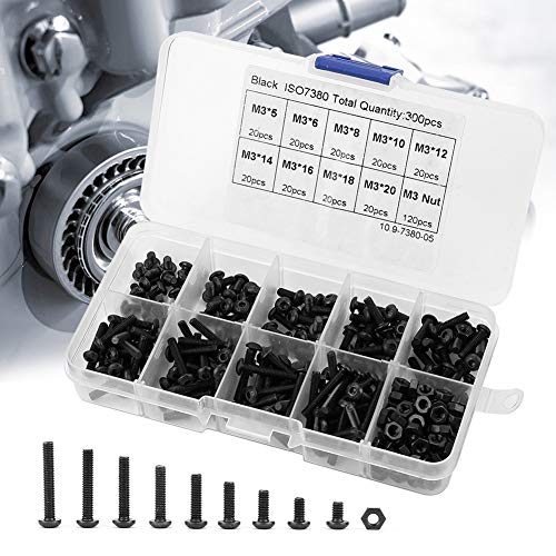 Screw Nut - 300pcs M3 Black 10.9 Grade Button Head Hex Socket Screw Bolt Nut Assortment Kit - Image 2