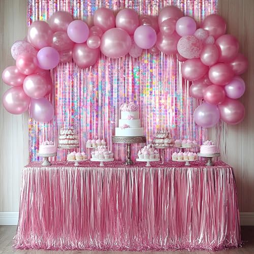 Image of 4 Packs Pink Foil Fringe Curtain, Pink Glitter Metallic Tinsel Backdrop for Birthday, Wedding, Baby Shower, Princess Bachelorette Cowgirl Party Decorations Supplies