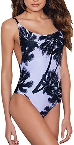 Qpladlse Swimwear Women's Palm Printed One Piece Swimsuit Reversible Lace-Up Bathing Suit (Palm Tree .XL)