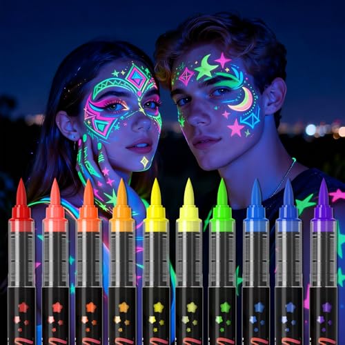 10-color glow-in-the-dark body painting UV neon face paint brush glow-in-the-dark face paint set washable skin tattoo pen Halloween party makeup (10 colors)