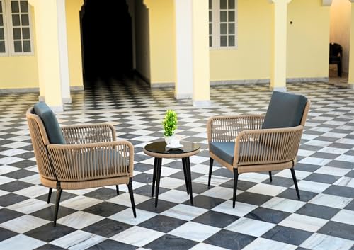 Image of DEVOKO Outdoor All Weather Rope Small Patio Furniture Set with Glass Top Table and Rope Woven Cushioned Chairs for Balcony, Garden, Lawn, Deck (Beige & Grey)