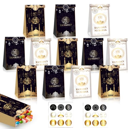 12Pcs Ramadan Mubarak Party Bags Paper Gift Bag Small Black Gold Kraft Sweet Goodie Treats Candy Bag with 18 Sticker for Home Eid Mubarak Decorations Islamic Muslim Ramadan Kareem Party Favour Bags