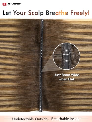 WIGNEE Double Invisible OVO Balayage Hair Extension Genius Invisible Weft with Holes 18 Inch Highlight Honey Blonde Remy Human Hair Extension Sew ins Straight Extension Hair Weaves 5 PCS 100g (T4/27)