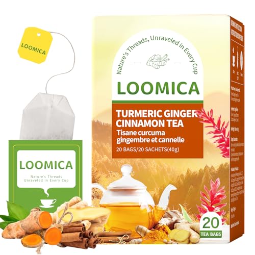 Image of LOOMICA Turmeric Ginger Cinnamon Tea, Naturally Caffeine-Free, Warm & Spicy Herbal Blend, Rich & Aromatic, Perfect for Cozy Mornings & Relaxing Evenings, 20 Counts