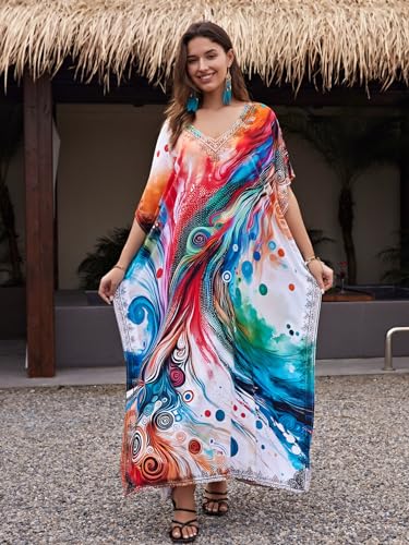 Image of IMAGEKOPE Women's Plus Size Loose Fit Moroccan Print V-Neck Batwing Kaftan Beach Dress Bathing Suit Cover Up